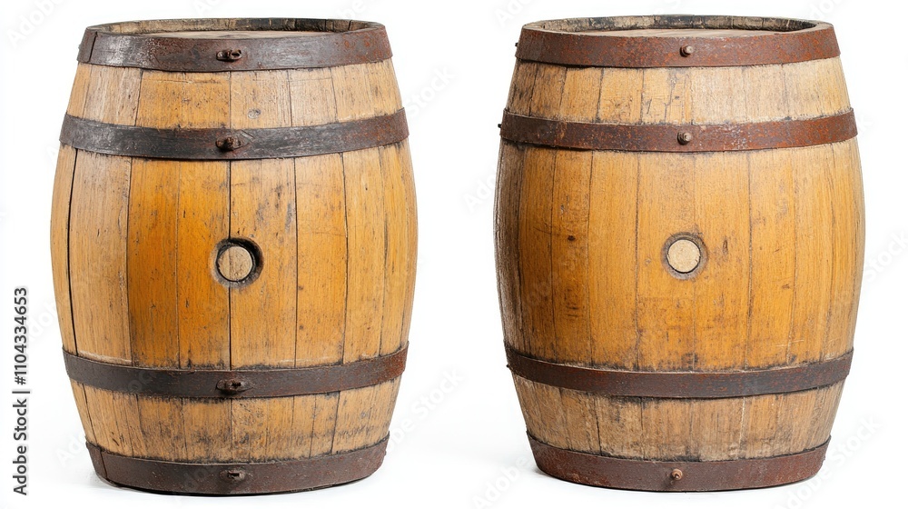 Obraz premium Vintage Wooden Barrels with Metal Bands Isolated on White Background