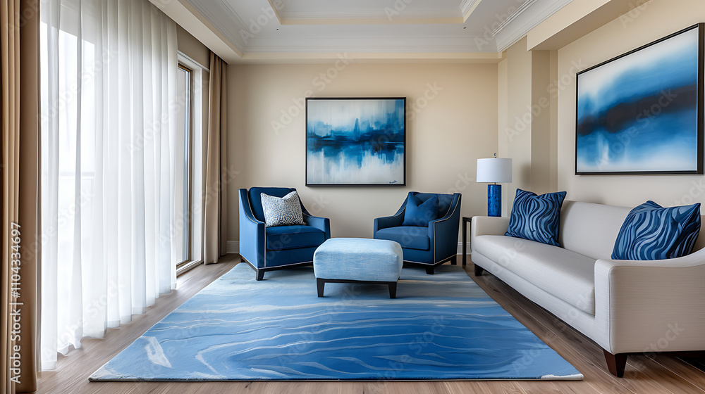 Fototapeta premium A living room with a blue rug and blue furniture