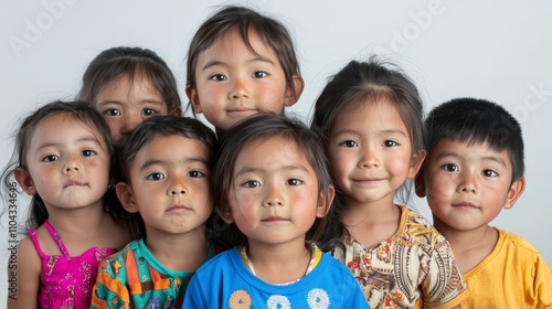  a group of children standing next to each other, with a wall in the background The children appear to be of different ages and ethnicities, and they are all smilin