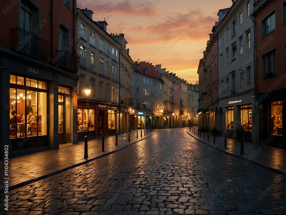 Fototapeta premium Bright street scene in a European city at sunset.