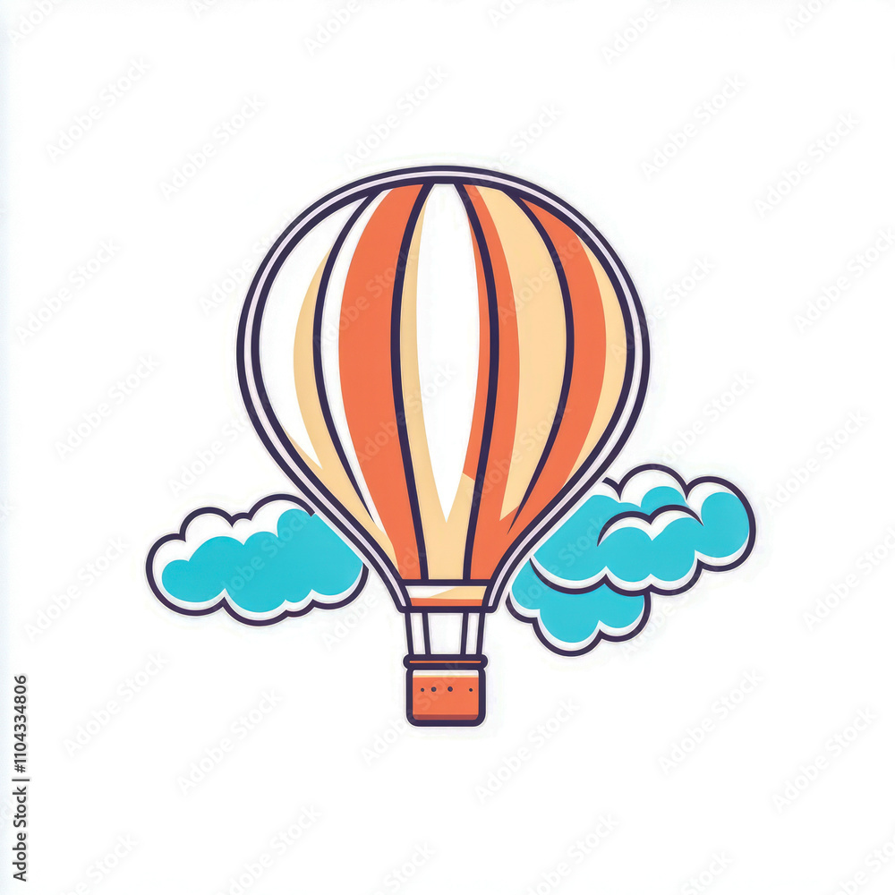 Obraz premium Colorful hot air balloon with striped patterns and blue clouds in the sky