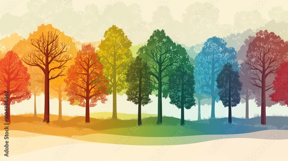 Naklejka premium Rainbow Forest: A Vibrant Tapestry of Seasonal Hues