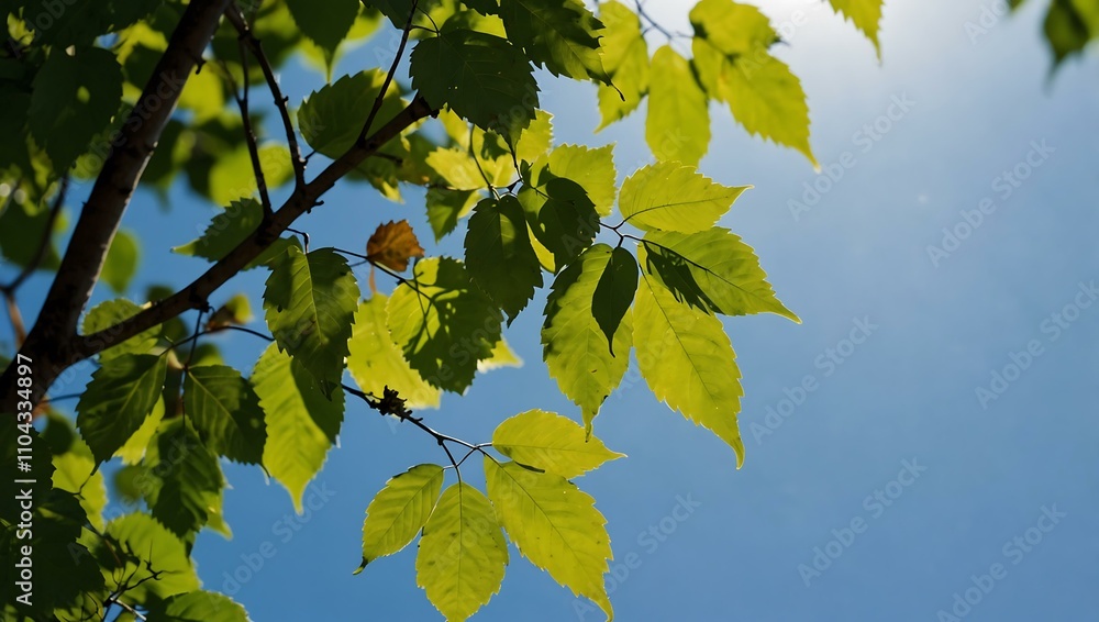 Bright sunlight illuminating green leaves against a blue sky. Bright sunlight illuminating green leaves against a blue sky.