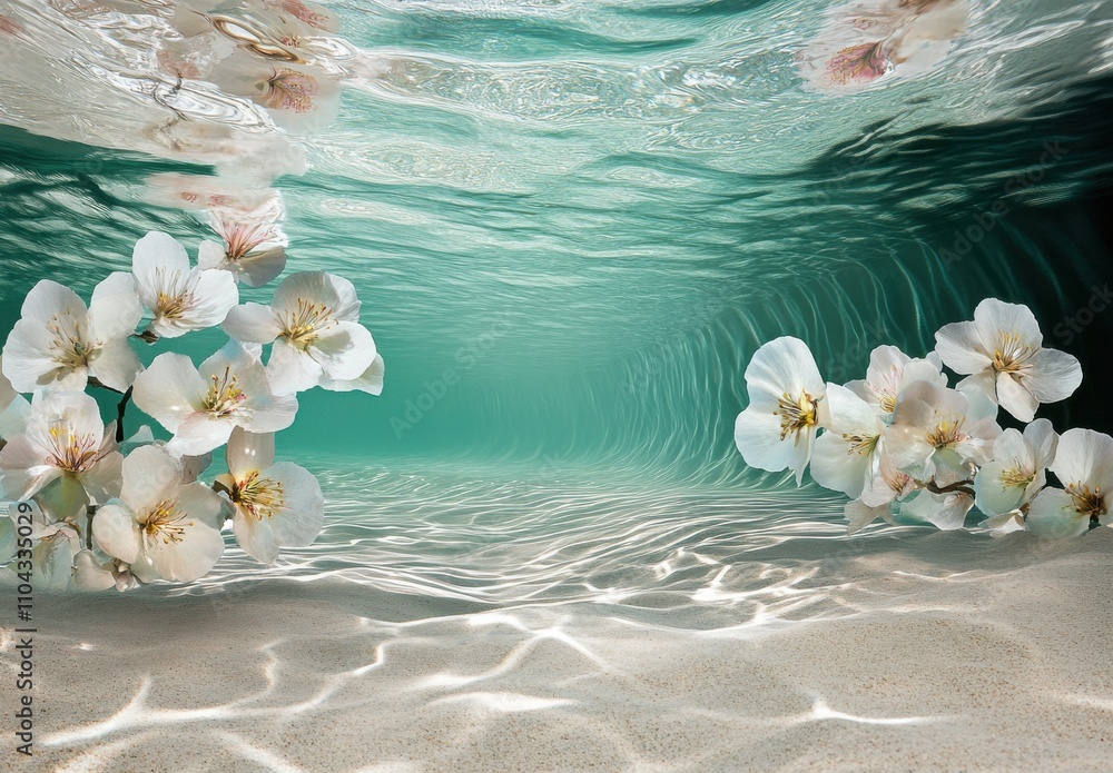 Fototapeta premium Serene Underwater Scene with Delicate White Flowers and Gentle Ripples in Sparkling Aqua Tones against a Sandy Ocean Floor