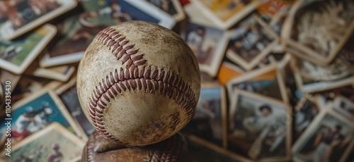 Baseball on vintage photographs background, worn baseball, nostalgic sports memorabilia, collection of old photos, rich history of baseball, copy space for text