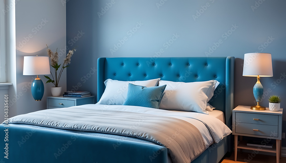A blue bed with white pillows and a white comforter A blue bed with white pillows and a white comforter