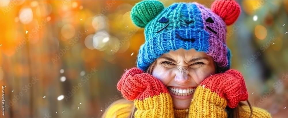 Smiling person wearing colorful hat and gloves against a vibrant background Smiling person wearing colorful hat and gloves against a vibrant background