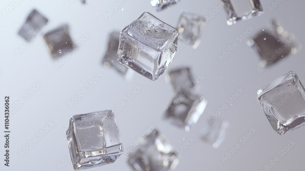 a bunch of ice cubes floating in the air against a white background The cubes are of various sizes and shapes, and appear to be made of a transparent material The a bunch of ice cubes floating in the air against a white background The cubes are of various sizes and shapes, and appear to be made of a transparent material The