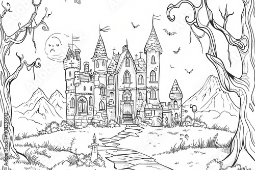 A detailed black and white illustration of a spooky castle surrounded by twisted trees, mountains, and a full moon, perfect for coloring. photo