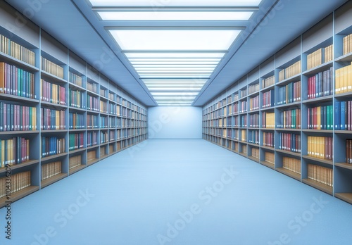 Spacious and Modern Library Interior with Rows of Colorful Books on Shelves and Bright Natural Light Flooding Through the Ceiling