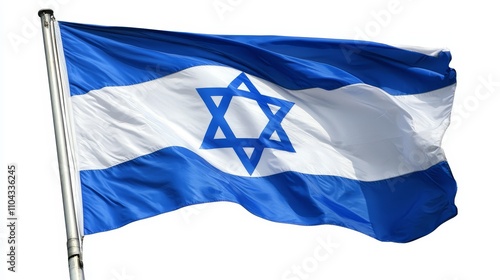  the Israeli flag flying high in the sky, with its blue and white colors standing out against the white background