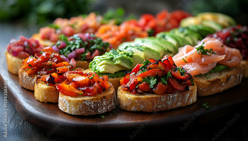 Assorted bruschetta with various toppings on wooden board. Assorted bruschetta with various toppings on wooden board.