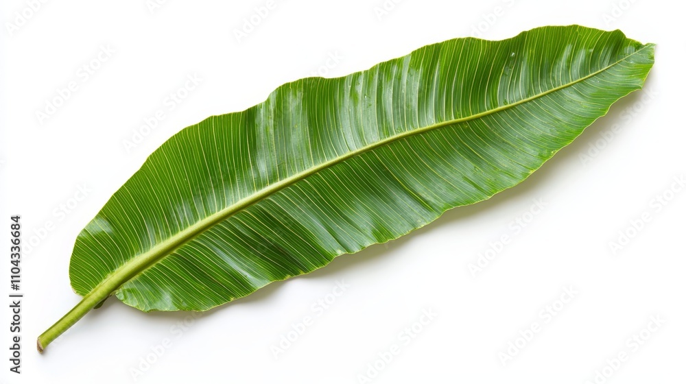 a large green banana leaf on a white background The leaf is a vibrant green color and has a glossy texture It is lying flat on the surface, with its veins running a large green banana leaf on a white background The leaf is a vibrant green color and has a glossy texture It is lying flat on the surface, with its veins running