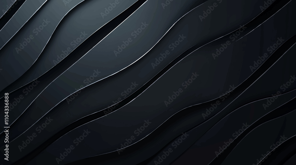 Obraz premium Black abstract background design. Modern wavy line pattern guilloche curves in monochrome colors. Premium stripe texture for banner, business backdrop. Dark horizontal vector template