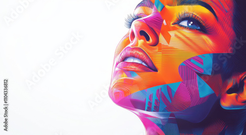 Illustration of attractive woman with colorful geometric patterns on her face, line art style, bright colors, white background, vector design