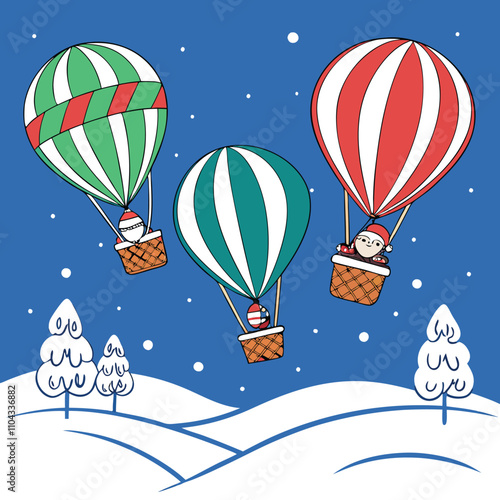 A scene with hot air balloons shaped like Christmas ornaments, candy canes, and Santa hats floating over a snowy landscape Artwork