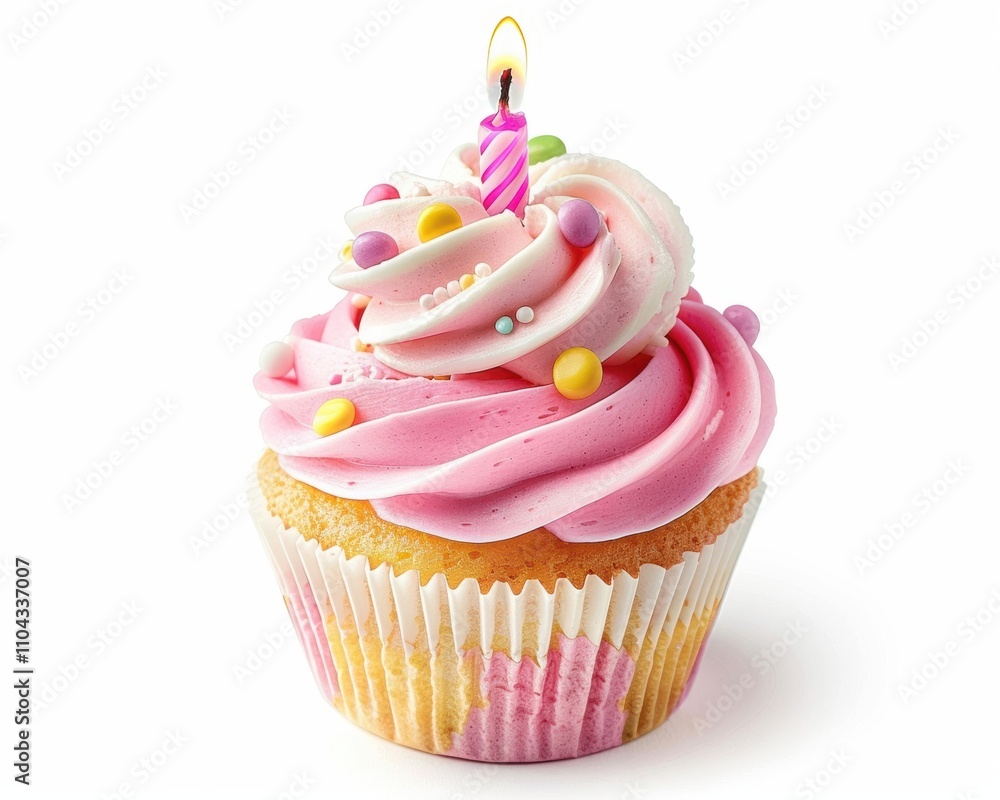 Delicious pink frosted cupcake with a birthday candle, adorned with colorful sprinkles. Delicious pink frosted cupcake with a birthday candle, adorned with colorful sprinkles.