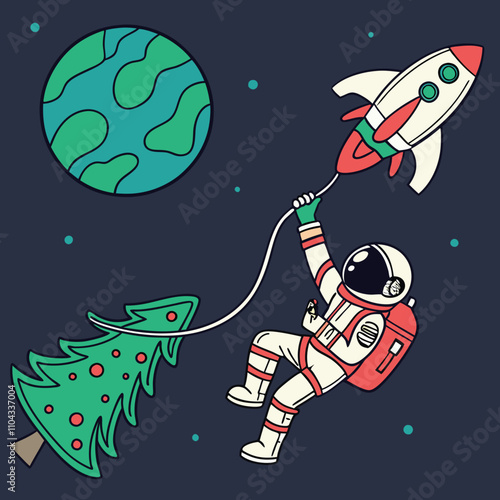 An astronaut in a festive Santa suit floating in space, holding a glowing ornament. Include a Christmas tree Artwork