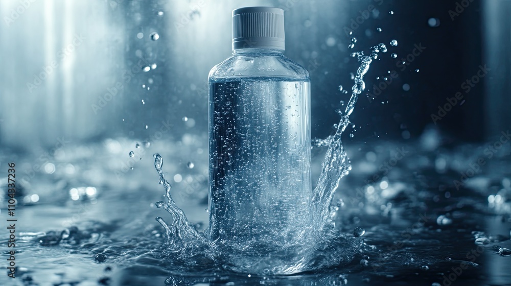 Clear plastic bottle surrounded by water splashes Clear plastic bottle surrounded by water splashes