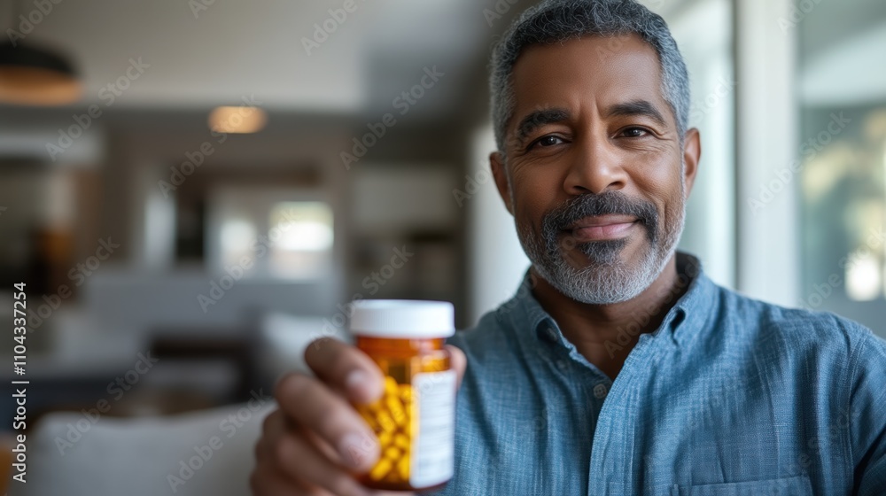 Smiling man holding a prescription bottle at home Smiling man holding a prescription bottle at home