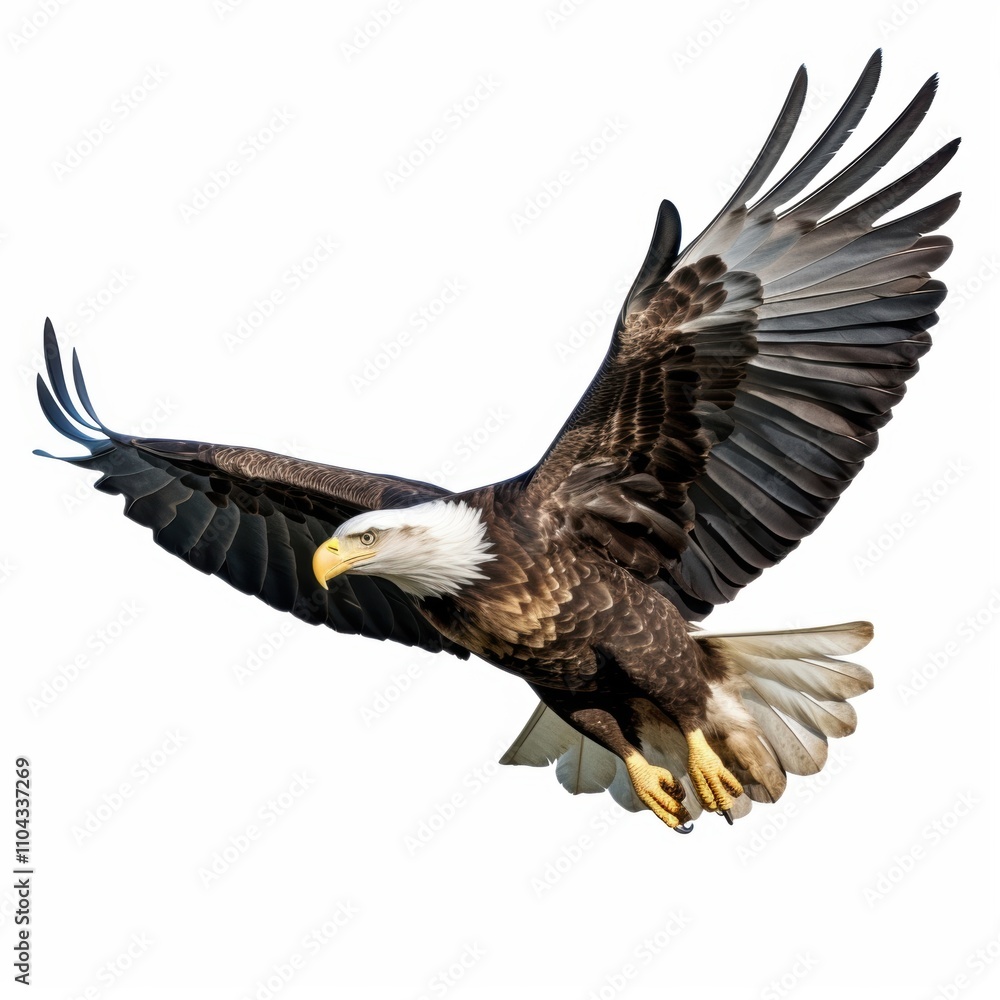 A majestic bald eagle in mid-flight, showcasing its powerful wings and striking plumage. A majestic bald eagle in mid-flight, showcasing its powerful wings and striking plumage.