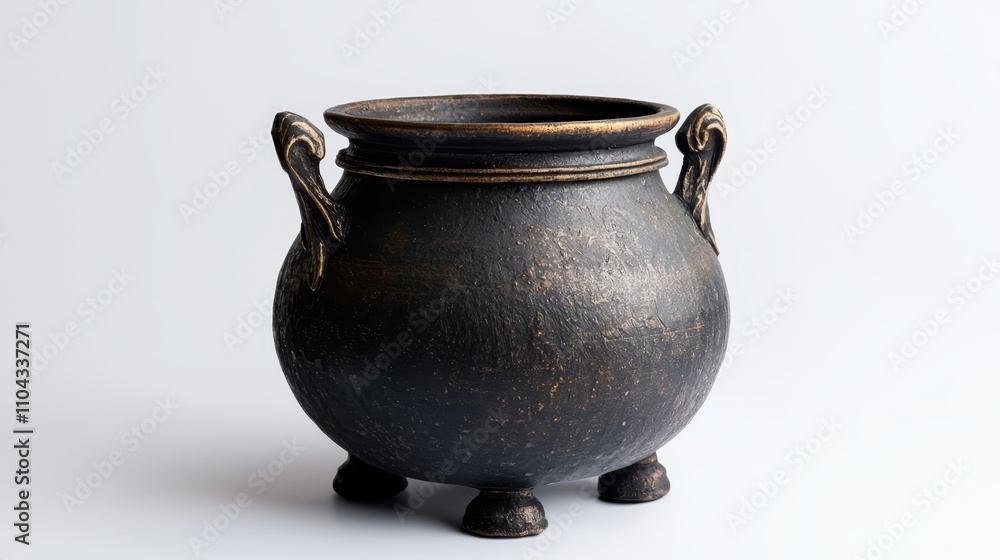 a black cauldron with two handles on a white background The cauldron is made of a dark material and has a glossy finish It has a wide base and a narrow neck, and a black cauldron with two handles on a white background The cauldron is made of a dark material and has a glossy finish It has a wide base and a narrow neck, and