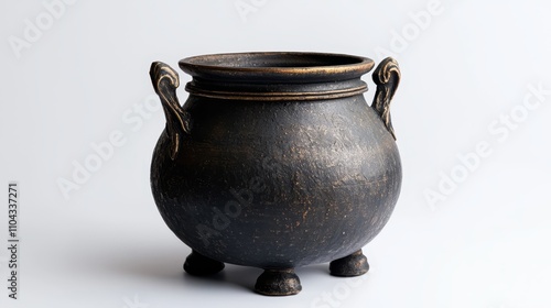  a black cauldron with two handles on a white background The cauldron is made of a dark material and has a glossy finish It has a wide base and a narrow neck, and