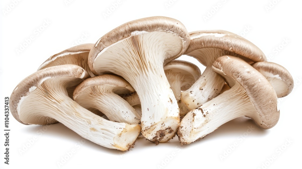 a group of oyster mushrooms on a white background The mushrooms have a light brown cap with white gills and a white stem The background is a solid white color, pr a group of oyster mushrooms on a white background The mushrooms have a light brown cap with white gills and a white stem The background is a solid white color, pr