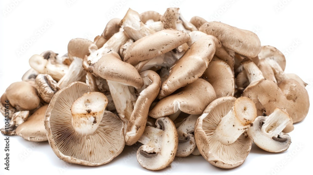a pile of shiitake mushrooms on a white background The mushrooms have a light brown cap with white spots and a white stem The background is a bright white, provid a pile of shiitake mushrooms on a white background The mushrooms have a light brown cap with white spots and a white stem The background is a bright white, provid