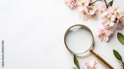  a magnifying glass resting on a branch of pink cherry blossoms with lush green leaves against a white background