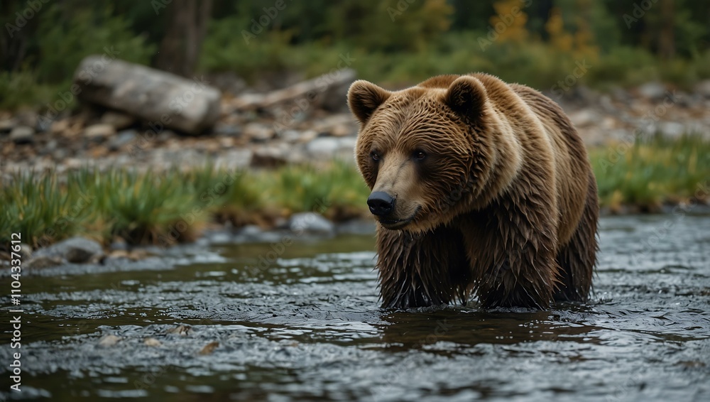 Fototapeta premium Brown bear fishing in a mountain stream.