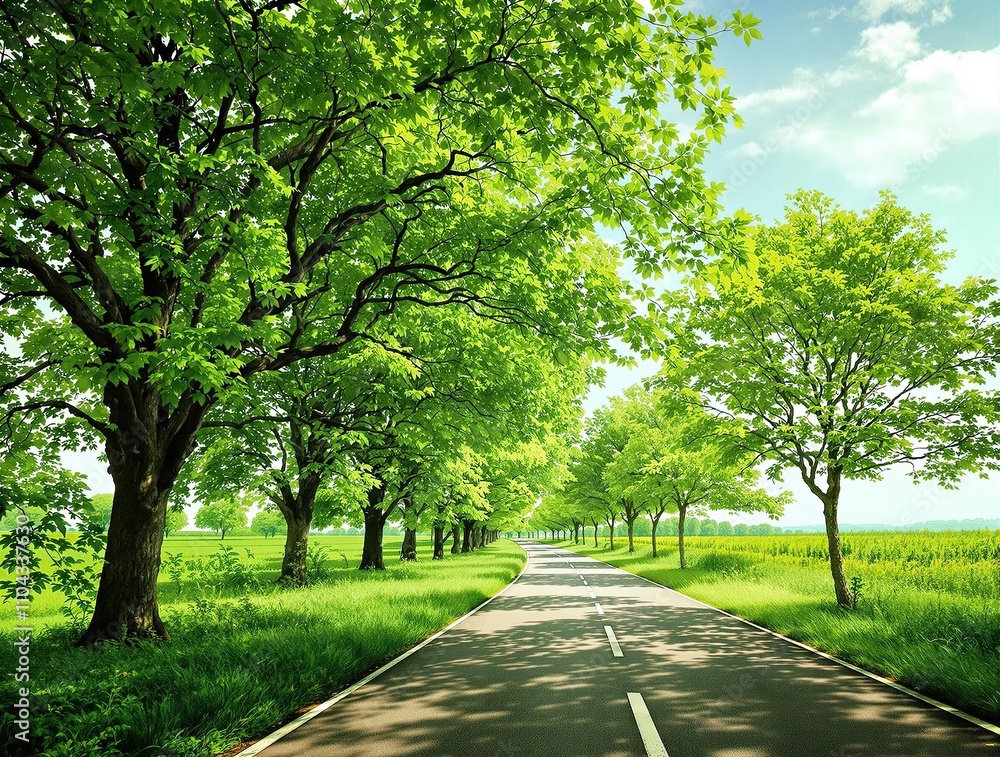 Obraz premium A picturesque scene of a green landscape with tall trees and a meandering road that leads to a distant point, natural beauty, rolling hills, tree-lined roads, scenic views, peaceful landscapes