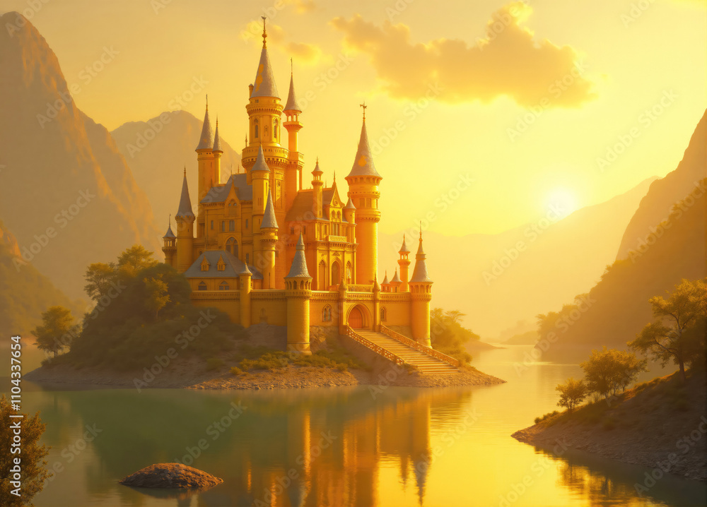 Naklejka premium Golden castle surrounded by mountains reflecting in lake at sunset