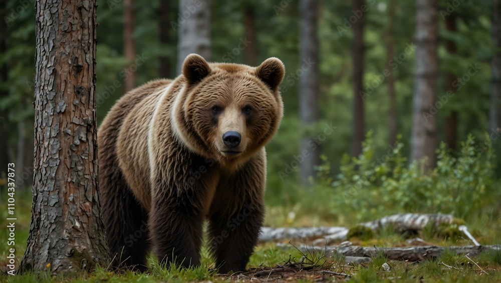 Brown bear in funny poses near a tree in a forest in Finland during summer. Brown bear in funny poses near a tree in a forest in Finland during summer.