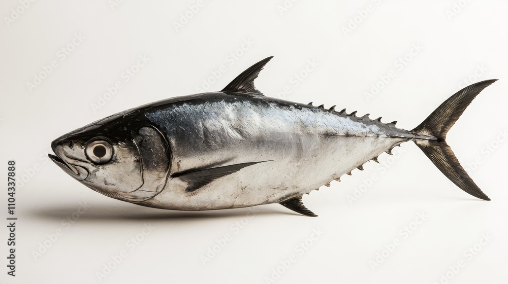 a bluefin tuna on a white background The fish is silver and black in color, with a glossy sheen Its fins are spread out and its tail is curved Its eyes are large a bluefin tuna on a white background The fish is silver and black in color, with a glossy sheen Its fins are spread out and its tail is curved Its eyes are large