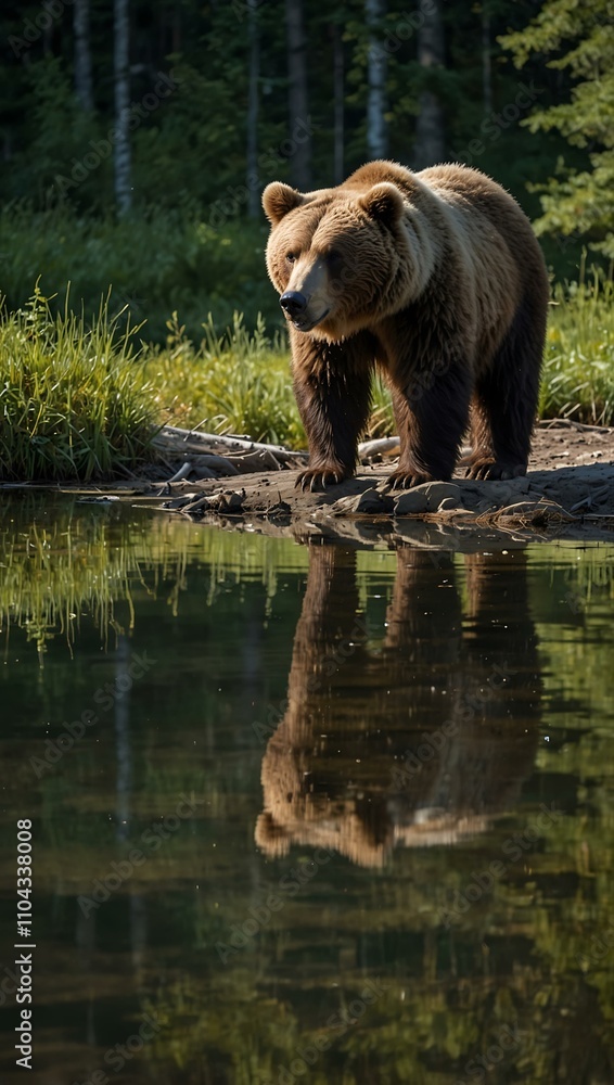 Brown bear standing near a forest lake, its reflection visible. Brown bear standing near a forest lake, its reflection visible.