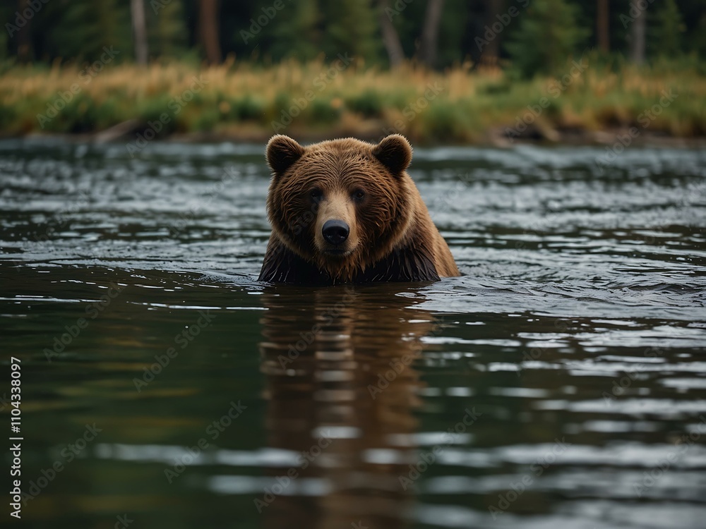 Obraz premium Brown bear wading through a river.