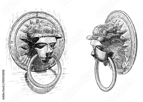 Sketches of antique metal door handle in lion head style with ring, realistic hand drawn vector illustration isolated on white