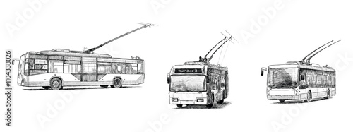 Sketches of city trolleybus,  passenger transportation, realistic hand drawings, vector illustration isolated on white