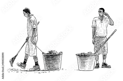 Sketches of gardeners men with broom at work,  sweepers, janitors, realistic hand drawn vector illustration isolated on white