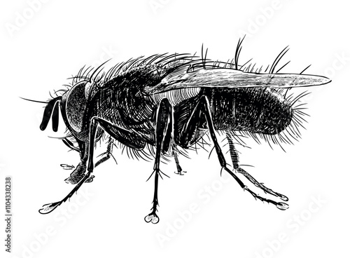 Sketches of one black fly closeup, side view, realistic hand drawn illustration isolated on white