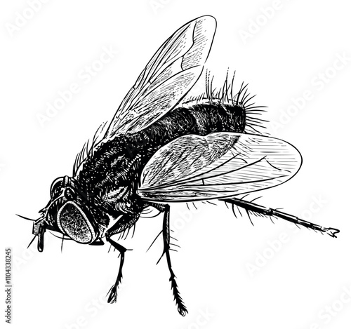 Sketches of one black fly closeup, realistic hand drawn illustration isolated on white