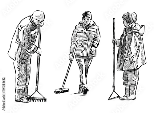 Sketches of three yard sweepers, gardeners, janitors with rakes working outdoors, realistic hand drawn vector illustration isolated on white