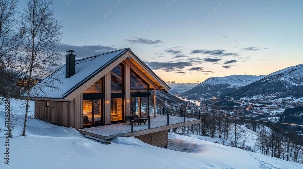 a small wooden house nestled in the middle of a snowy mountain, surrounded by trees and illuminated by lights The sky is filled with clouds and the hills in the ba a small wooden house nestled in the middle of a snowy mountain, surrounded by trees and illuminated by lights The sky is filled with clouds and the hills in the ba