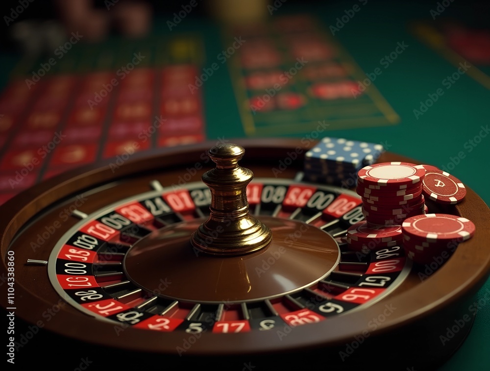 Obraz premium Roulette in luxary casino and poker chips. Gembling concept, roulette wheel. Inside of a spinning Roulette wheel close up at the Casino.