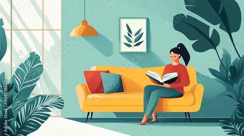 Woman Reading a Book While Relaxing on a Yellow Couch in a Vibrant Indoor Space Filled With Plants and Natural Light