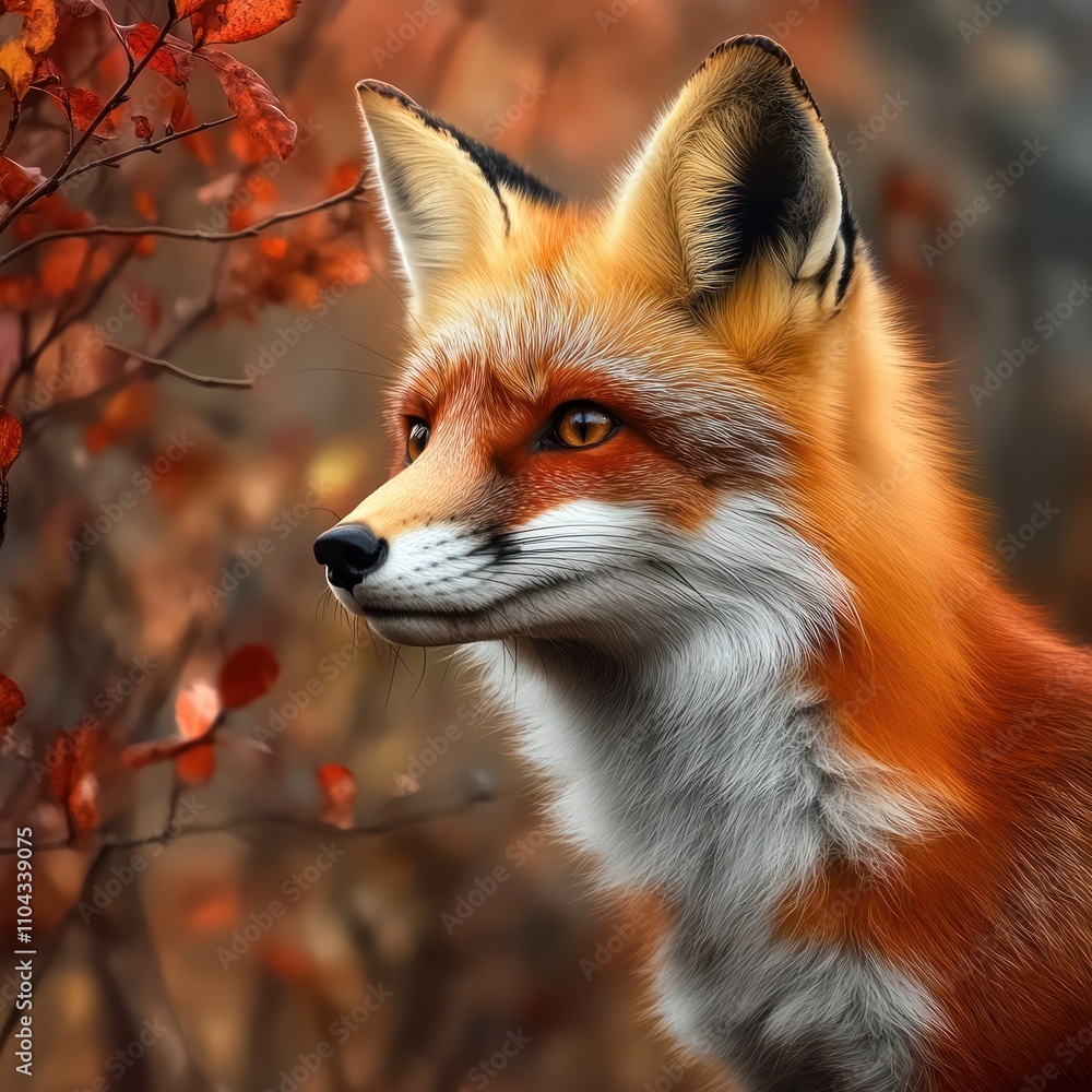 Fototapeta premium Autumnal Fox Portrait: A Majestic Red Fox Amidst Vibrant Fall Foliage