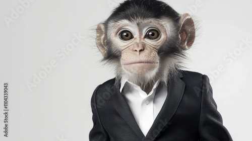  a monkey wearing a black blazer and white shirt against a white background