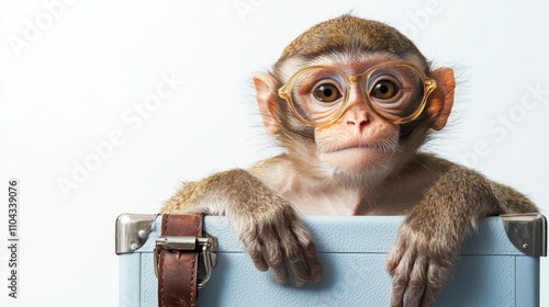  a monkey wearing glasses, sitting atop a blue suitcase The monkey has a brown, cream and black fur coat, and the background is white