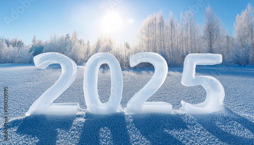 Nowy rok 2025 , lodowy mroźny napis. Sylwester zima, niebieski kolor photo